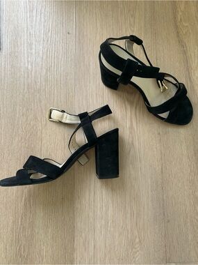 Cole Haan Black Suede Block Heel Sandals with Gold Buckle